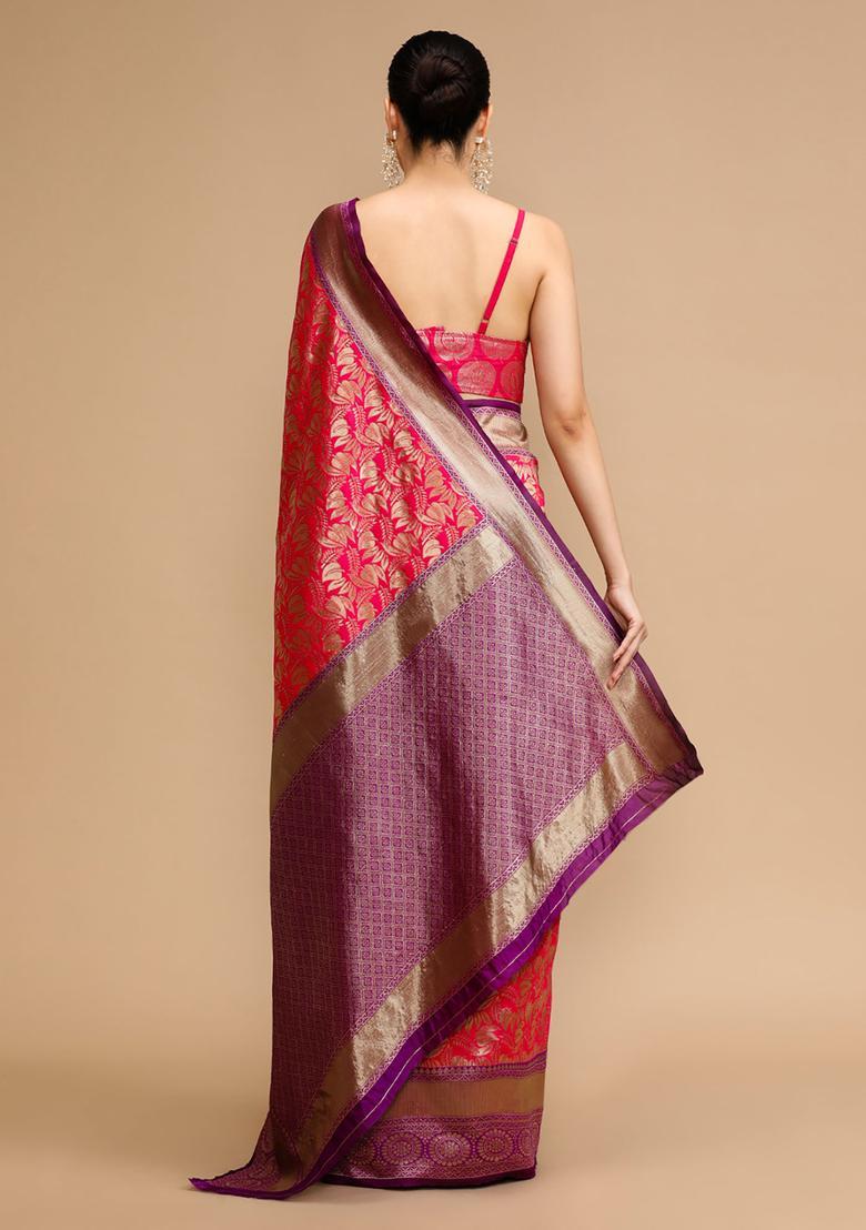 Pink Woven Jacquard Saree Set - Indya