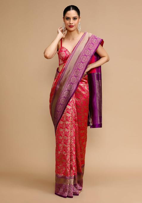 Pink Woven Jacquard Saree Set