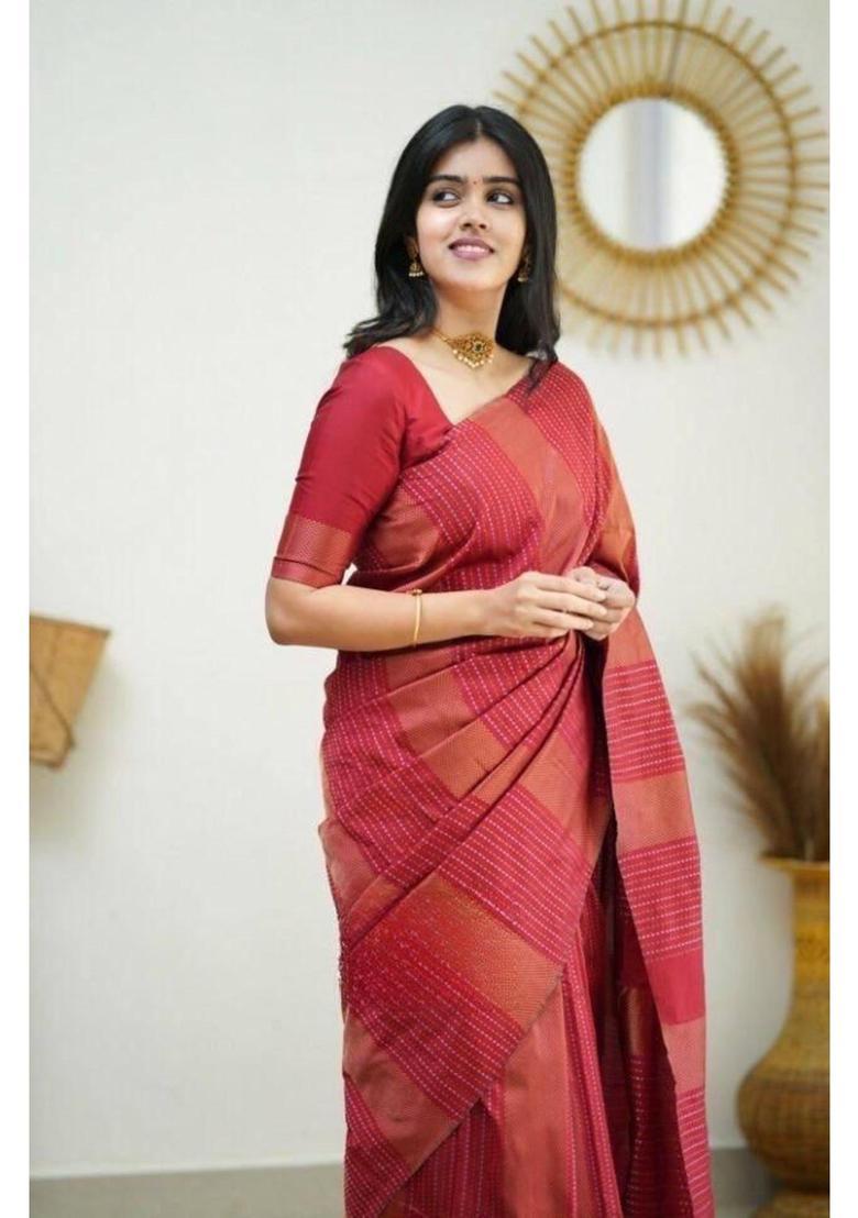 Red Woven Silk Blend Saree Set - Indya