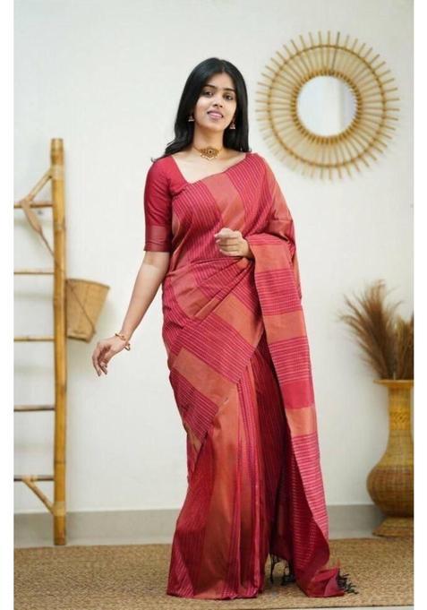 Red Woven Silk Blend Saree Set