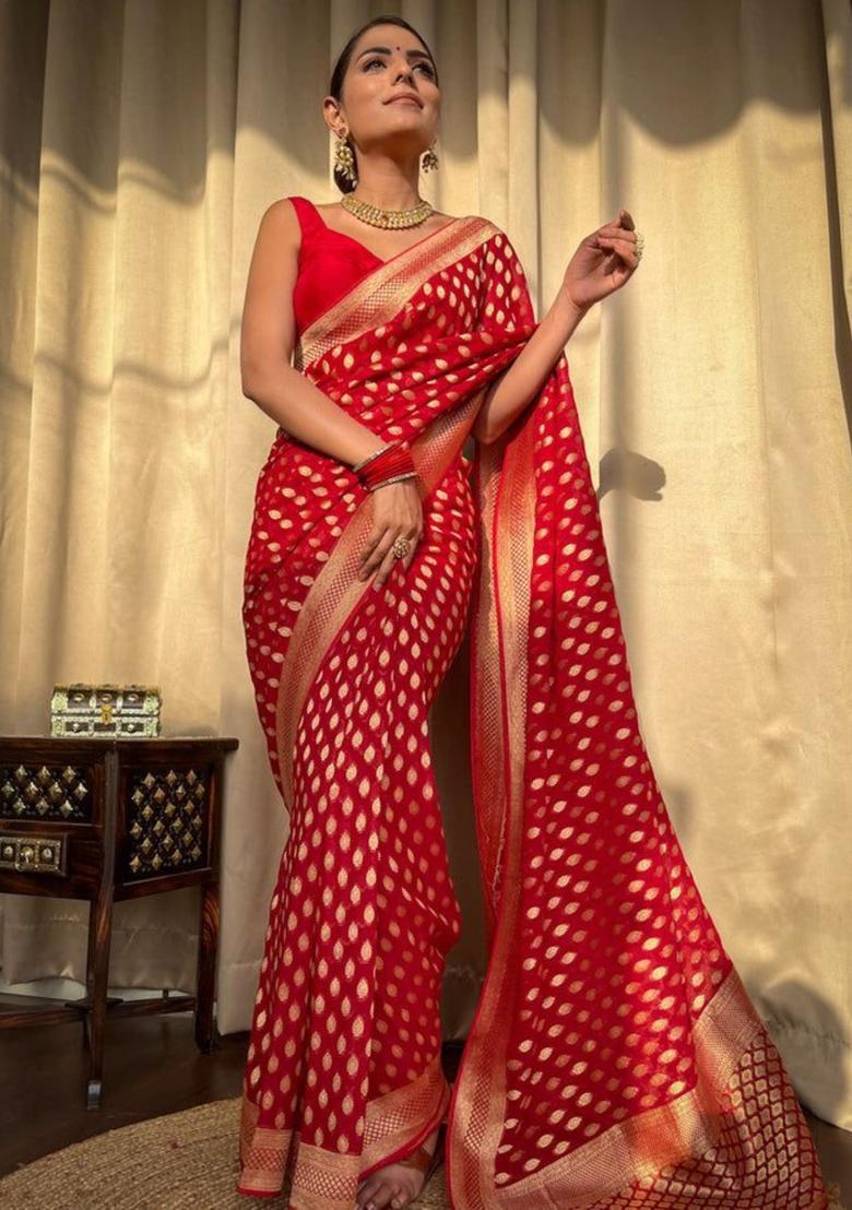 Red Printed Jacquard Saree Set - Indya