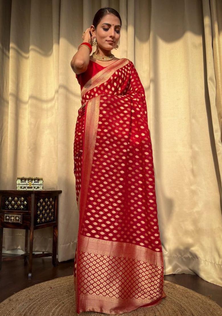 Red Printed Jacquard Saree Set - Indya