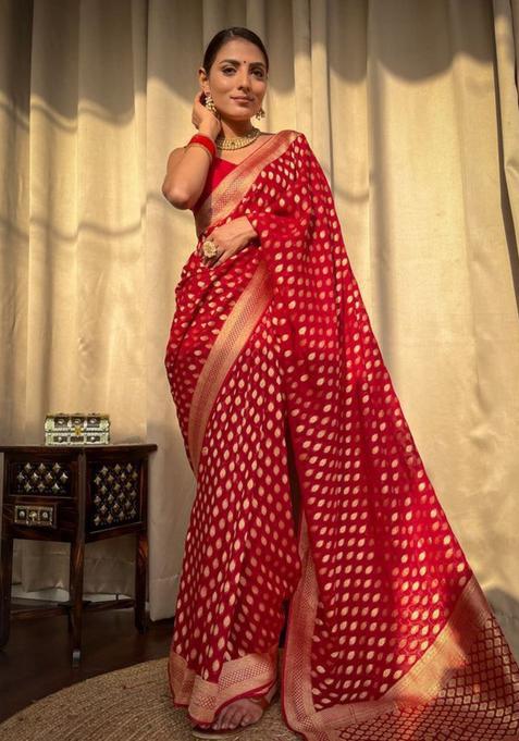 Red Printed Jacquard Saree Set