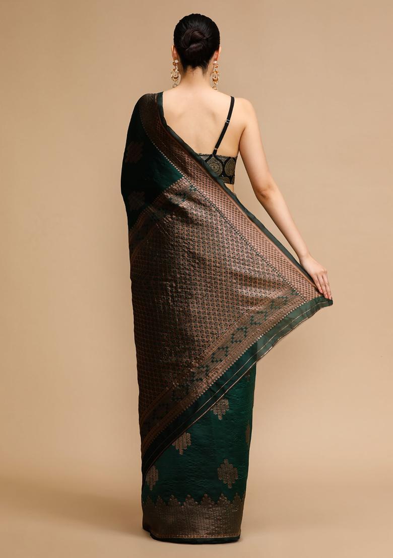 Green Woven Jacquard Saree Set - Indya