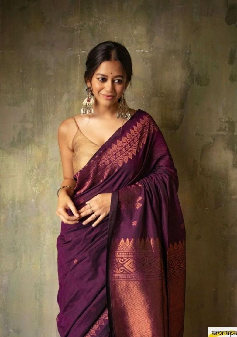 Purple Printed Jacquard Saree Set - Indya