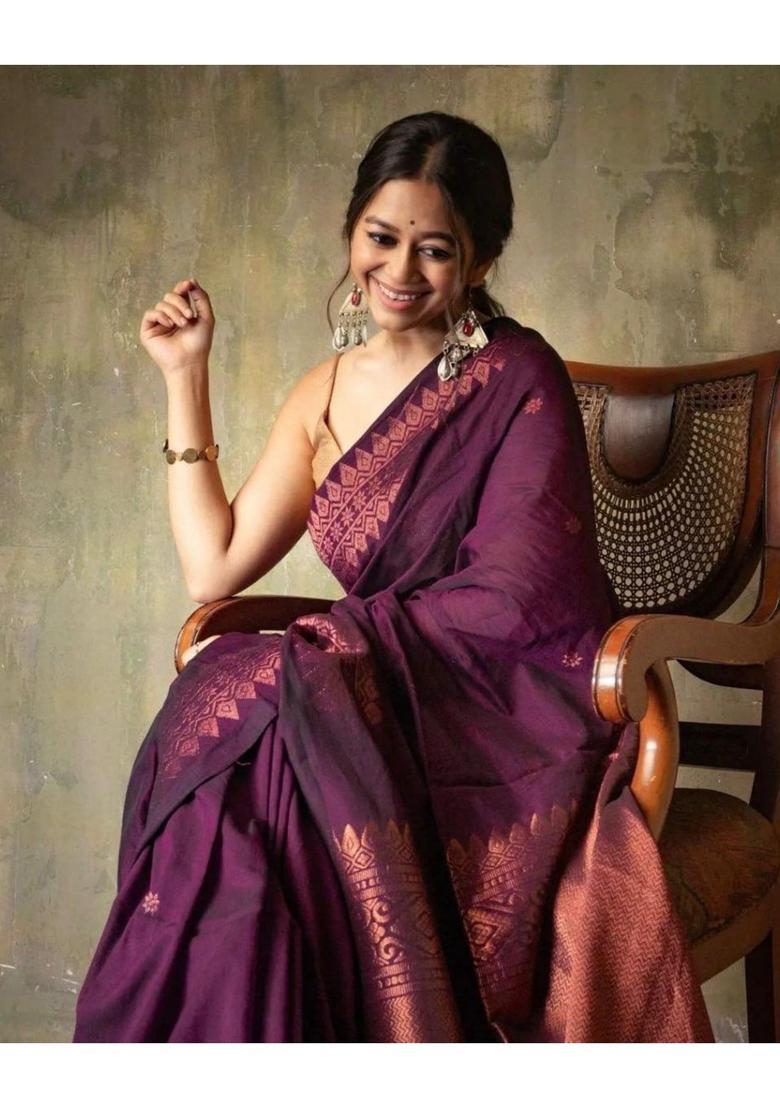 Purple Printed Jacquard Saree Set - Indya