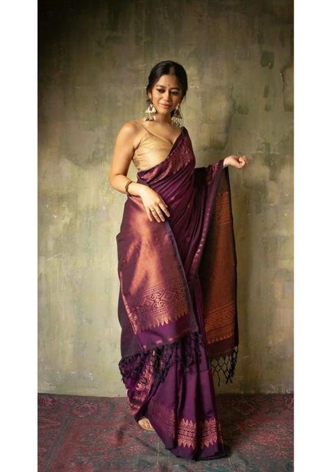 Purple Printed Jacquard Saree Set