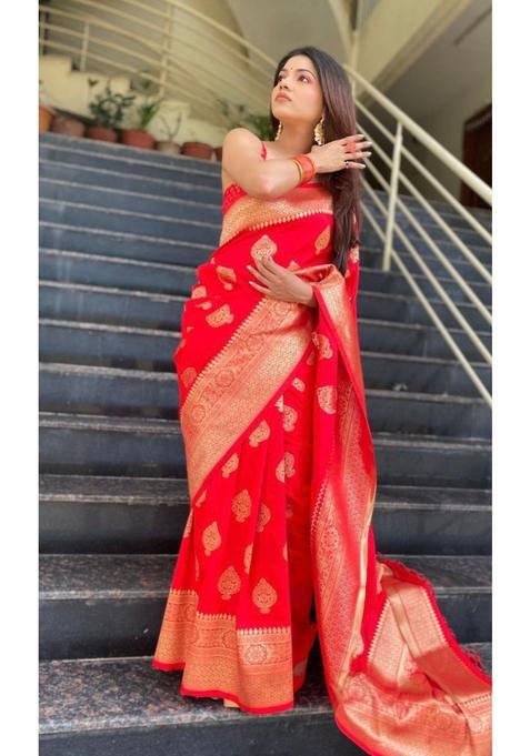 Red Woven Jacquard Saree Set
