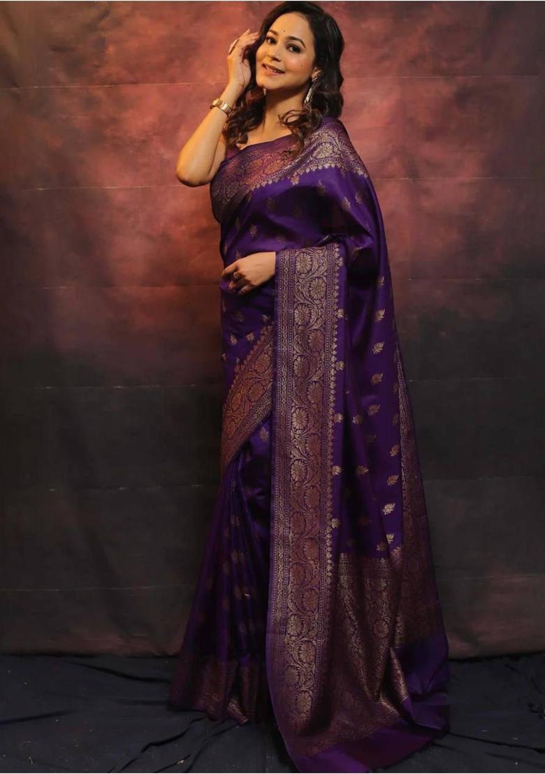Purple Printed Jacquard Saree Set - Indya