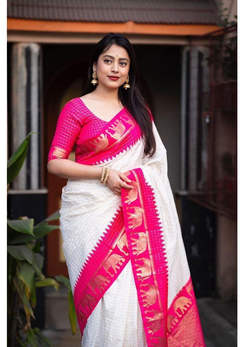 Pink Printed Jacquard Saree Set - Indya