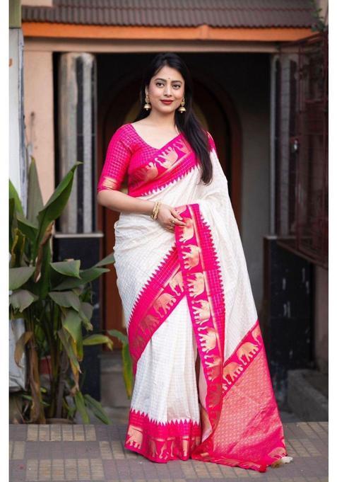 Pink Printed Jacquard Saree Set