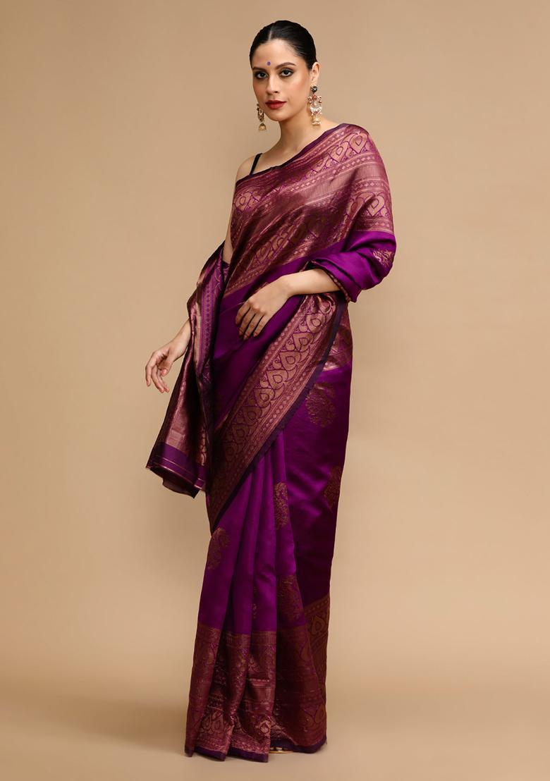 Purple Woven Jacquard Saree Set - Indya