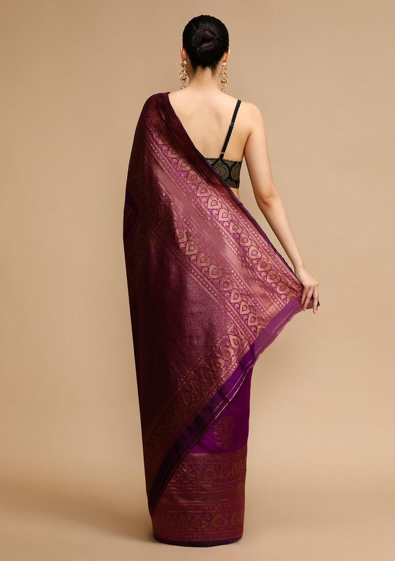 Purple Woven Jacquard Saree Set - Indya