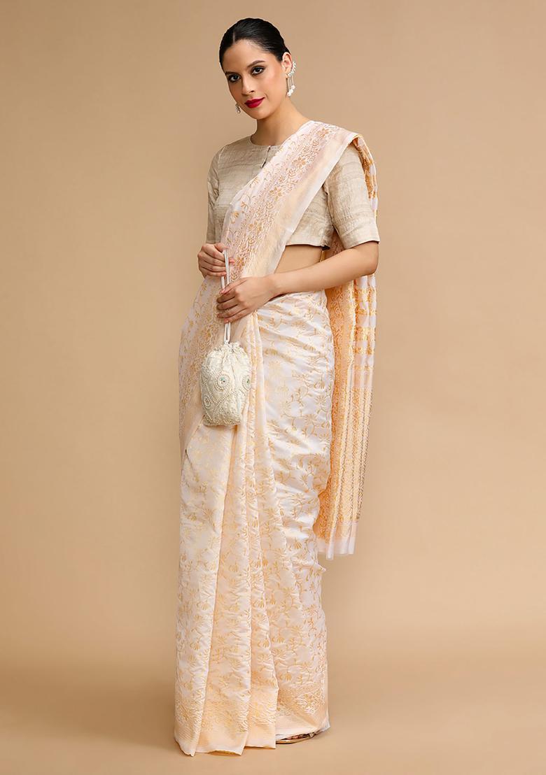 Off White Woven Jacquard Saree Set - Indya