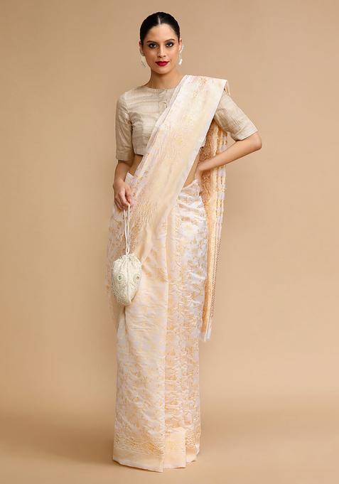 Off White Woven Jacquard Saree Set