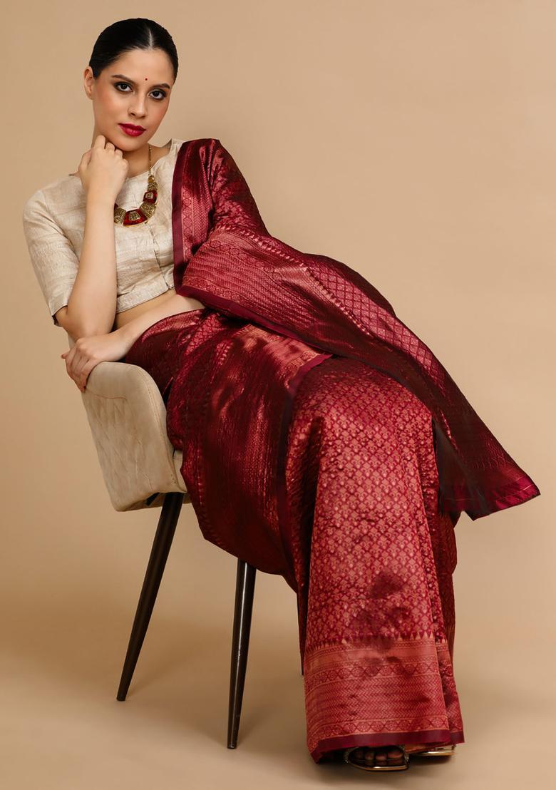 Maroon Woven Jacquard Saree Set - Indya