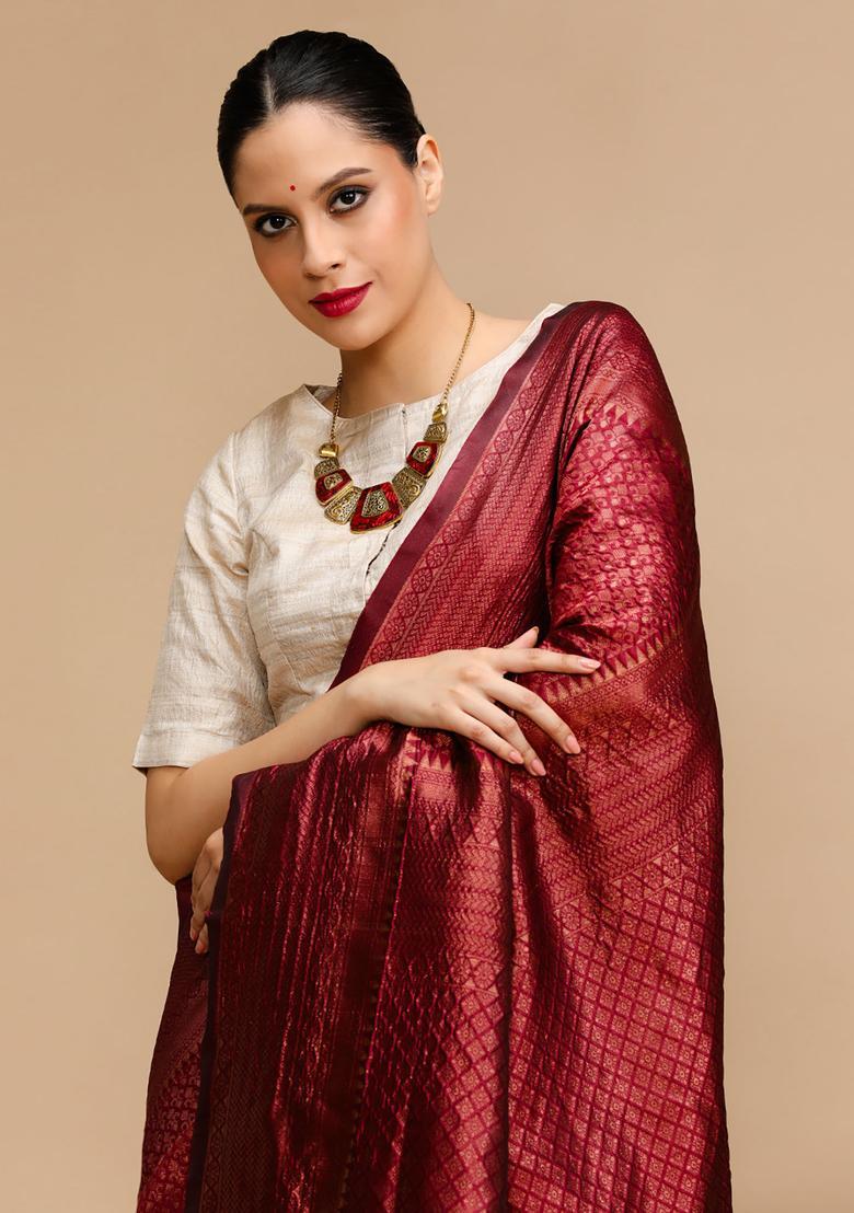 Maroon Woven Jacquard Saree Set - Indya