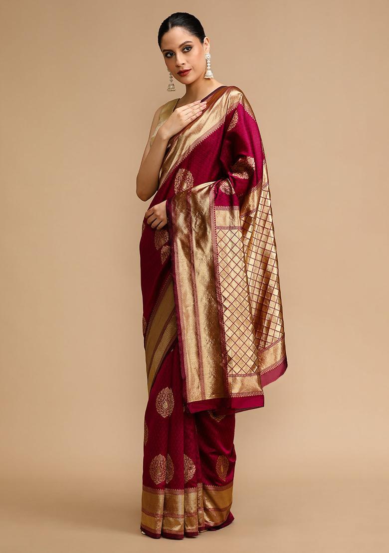 Maroon Woven Jacquard Saree Set - Indya