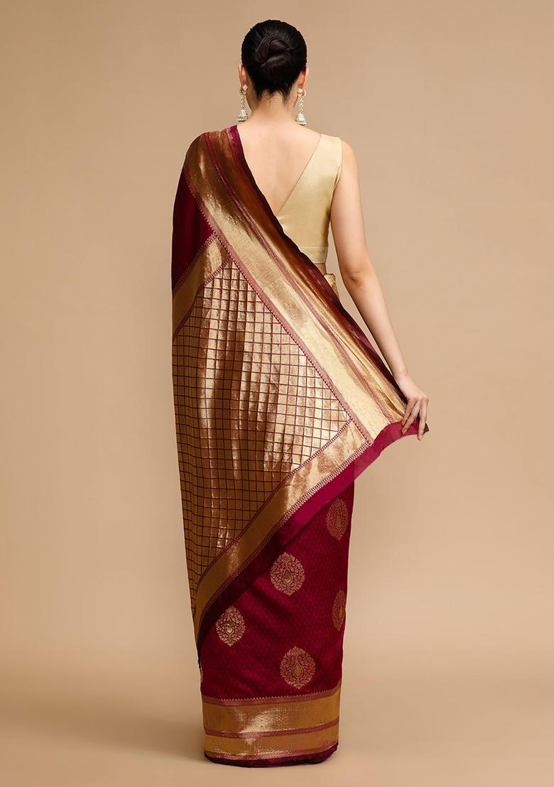 Maroon Woven Jacquard Saree Set - Indya