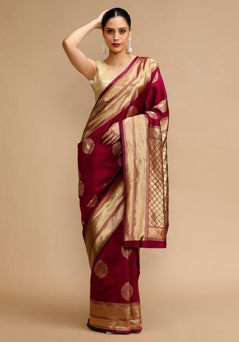 Maroon Woven Jacquard Saree Set