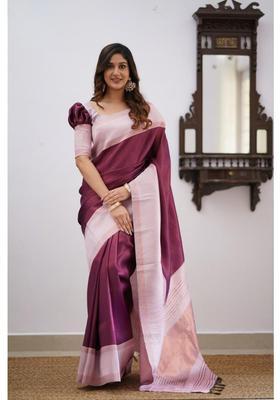 Purple Checked Silk Blend Saree Set