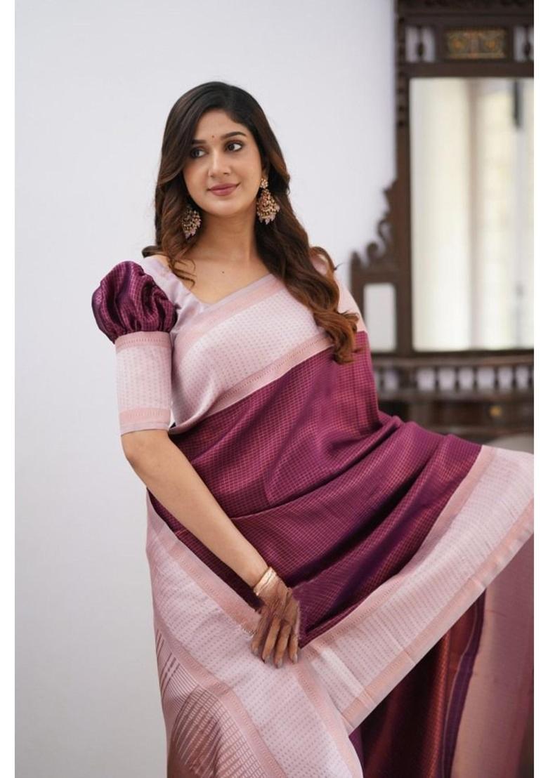 Purple Checked Silk Blend Saree Set - Indya