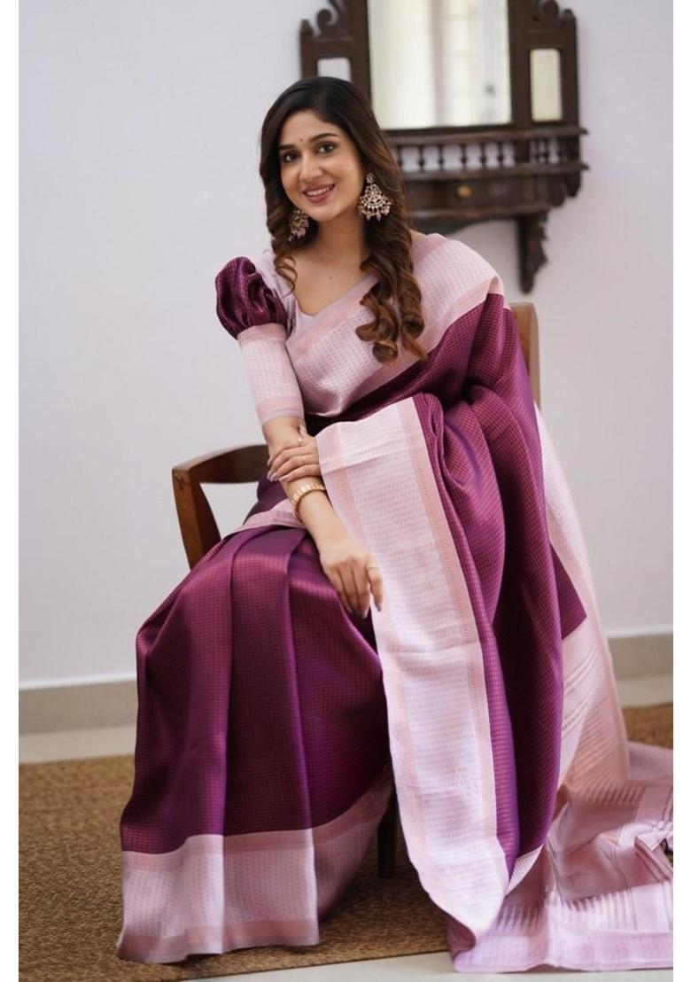 Purple Checked Silk Blend Saree Set - Indya