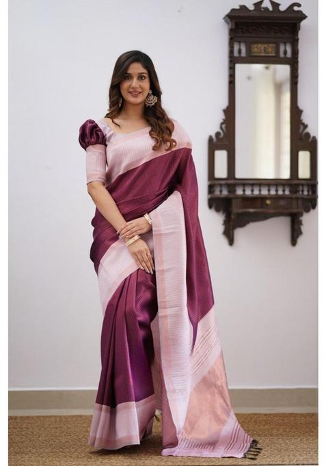 Purple Checked Silk Blend Saree Set