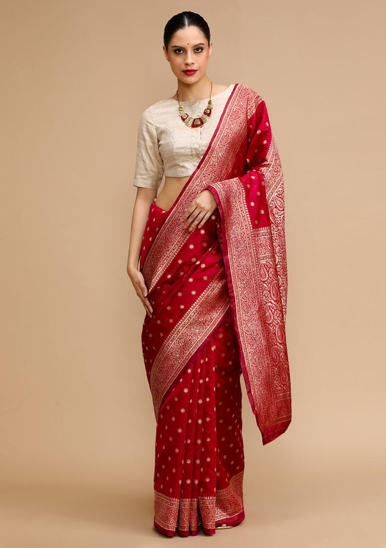 Pink Woven Jacquard Saree Set - Indya