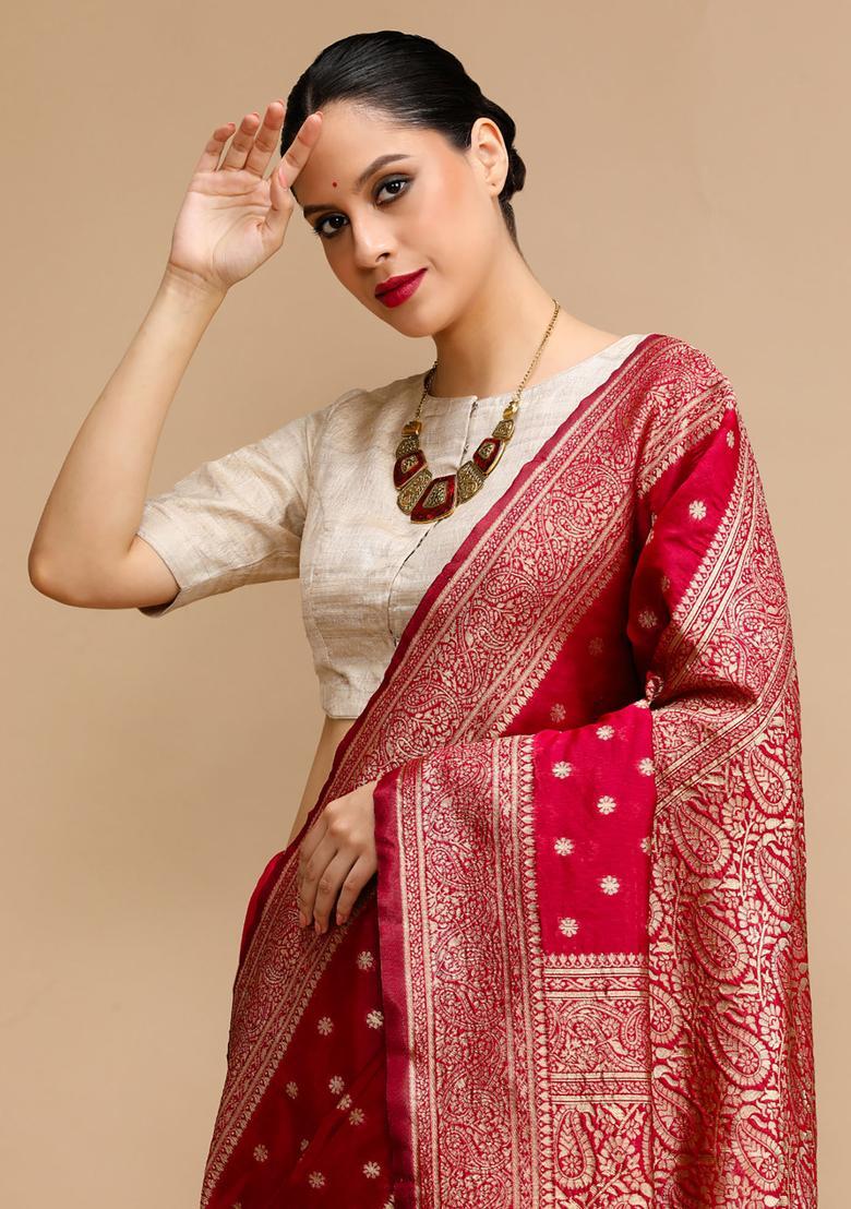 Pink Woven Jacquard Saree Set - Indya