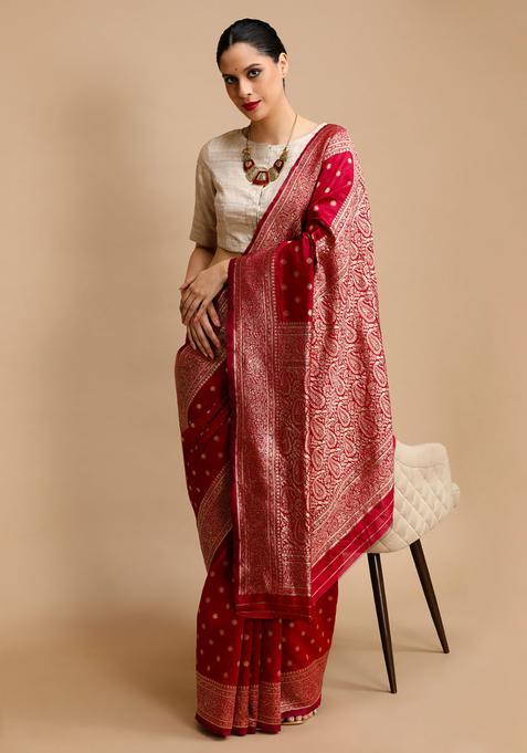 Pink Woven Jacquard Saree Set