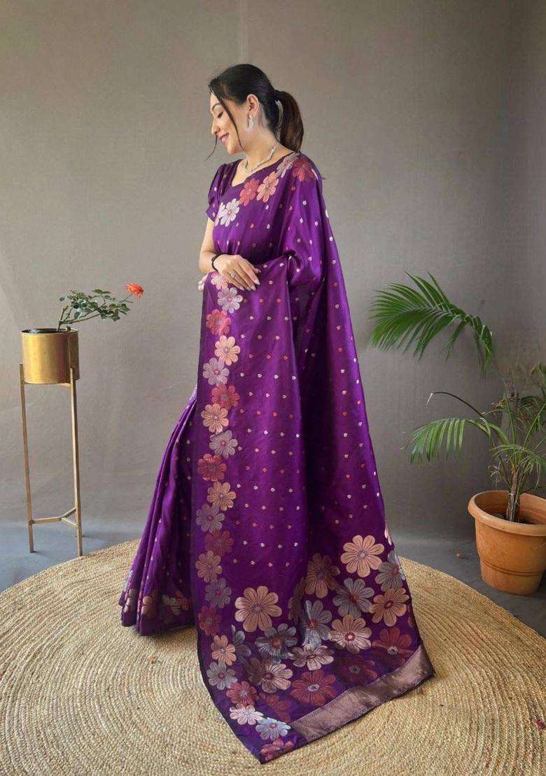 Purple Work Jacquard Saree Set with Sequin for Diwali | Wedding & Festive Wear - Indya