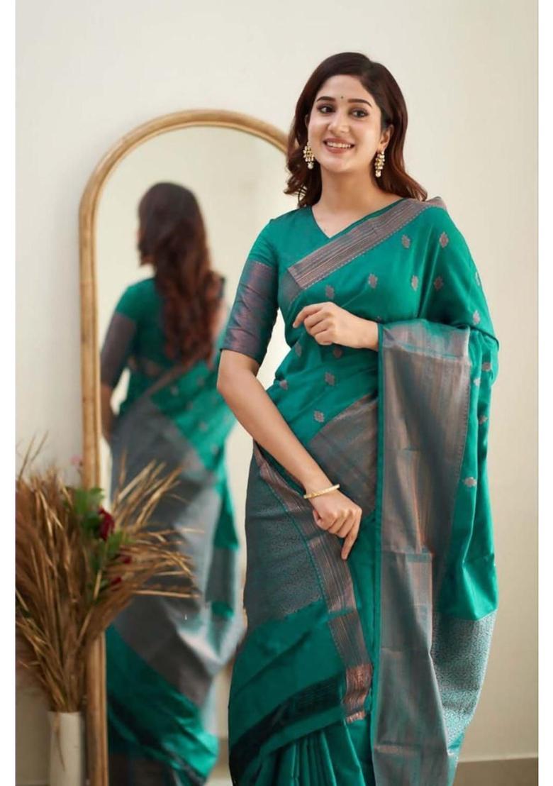 Green Printed Jacquard Saree Set - Indya