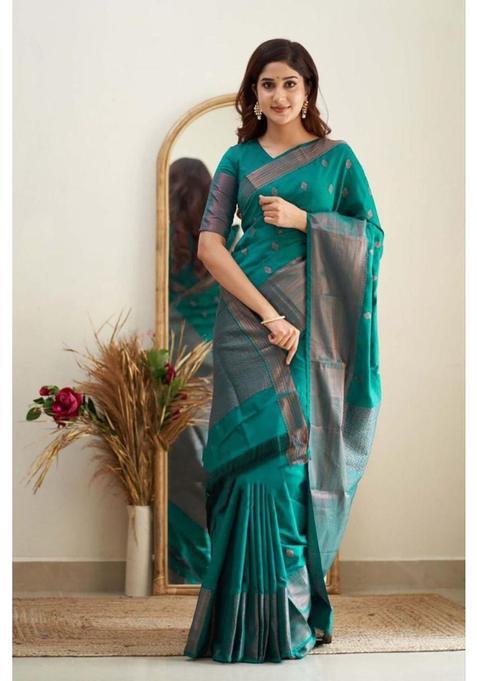 Green Printed Jacquard Saree Set