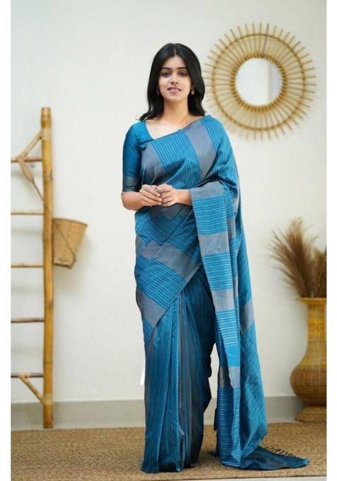 Blue Woven Silk Saree Set