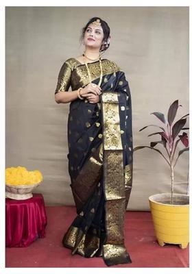 Black Printed Jacquard Saree Set
