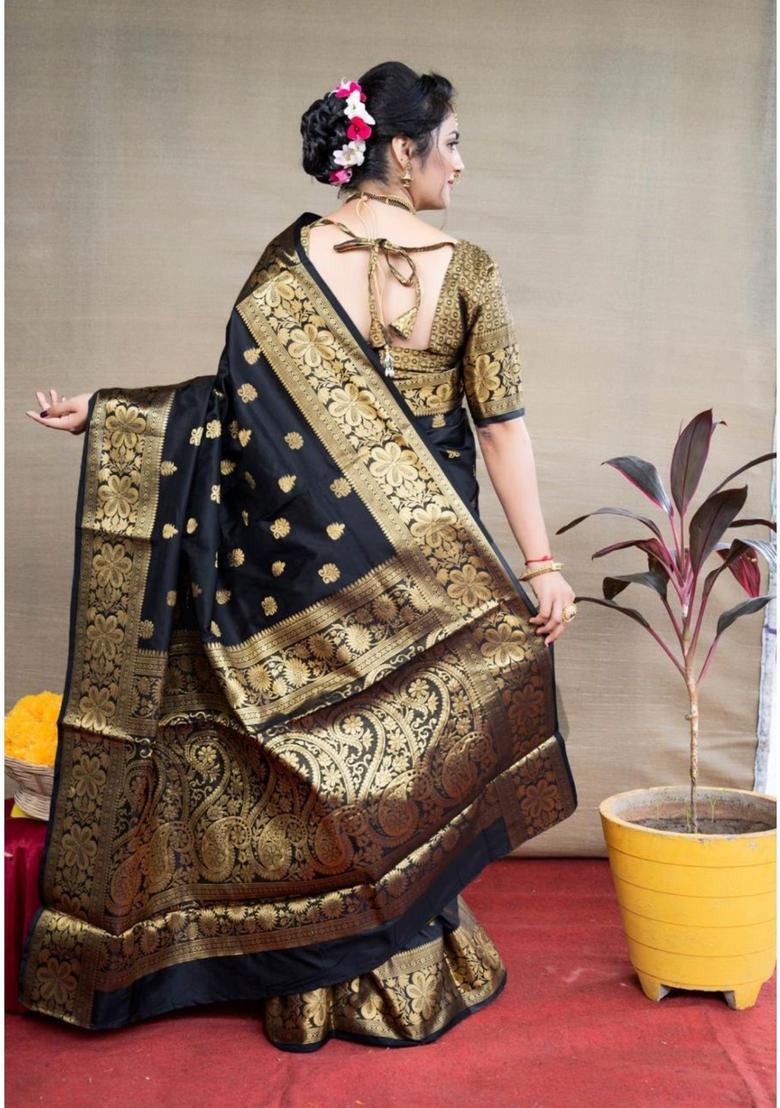 Black Printed Jacquard Saree Set - Indya
