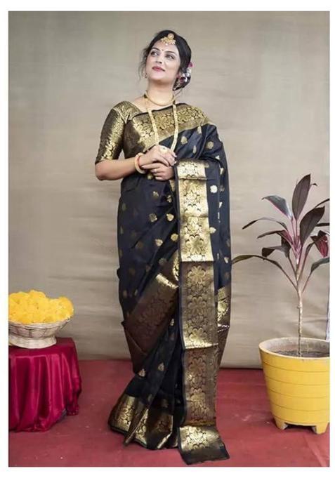 Black Printed Jacquard Saree Set
