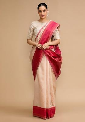 Cream Woven Jacquard Saree Set