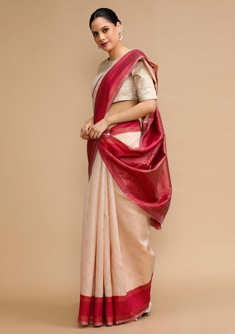 Cream Woven Jacquard Saree Set - Indya