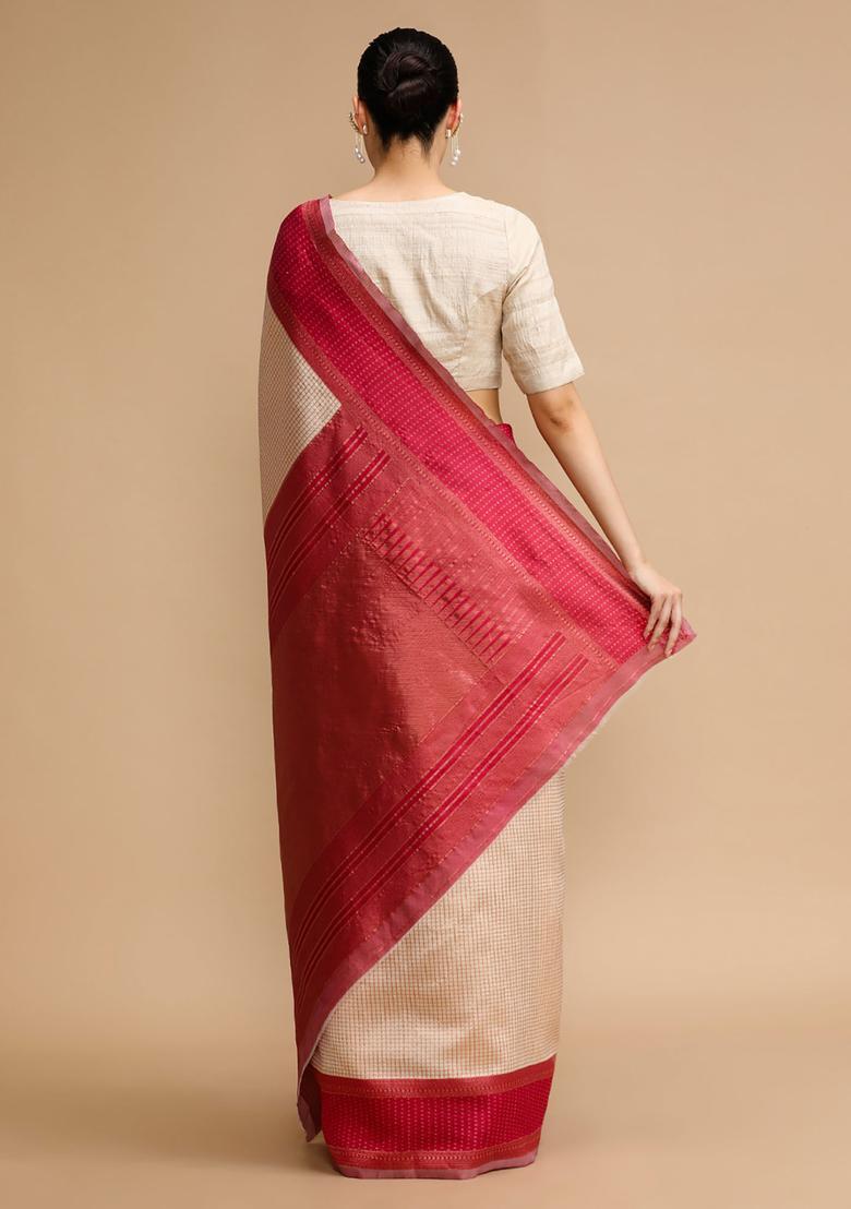 Cream Woven Jacquard Saree Set - Indya