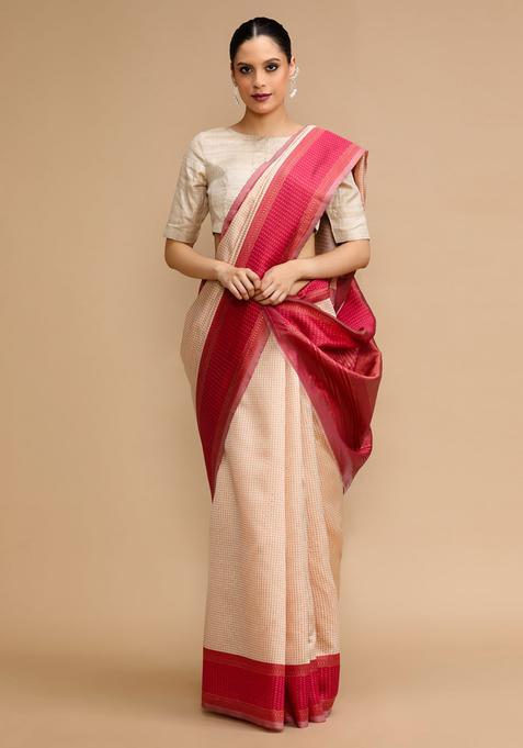 Cream Woven Jacquard Saree Set