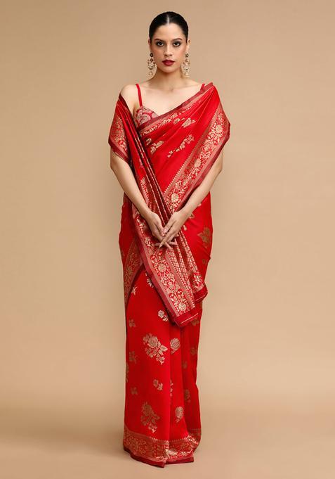 Red Woven Jacquard Saree Set