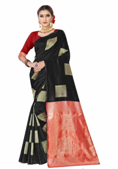 Black Colorblock Silk Blend Saree Set