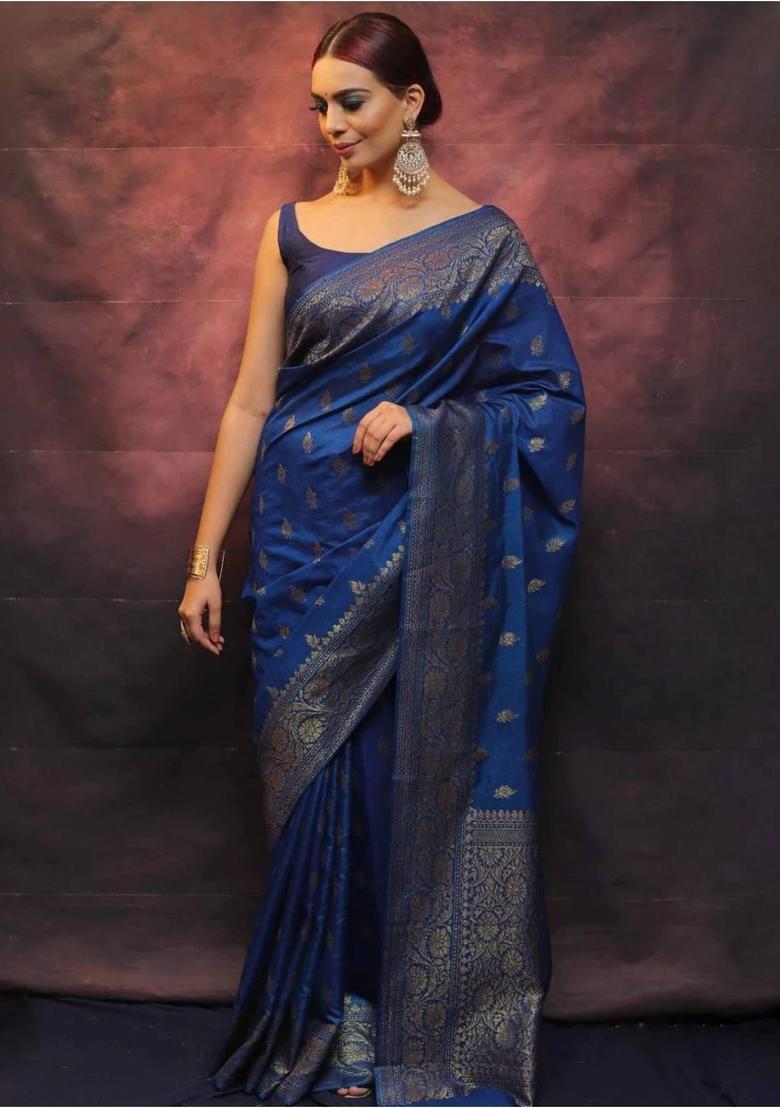 Blue Woven Jacquard Saree Set - Indya