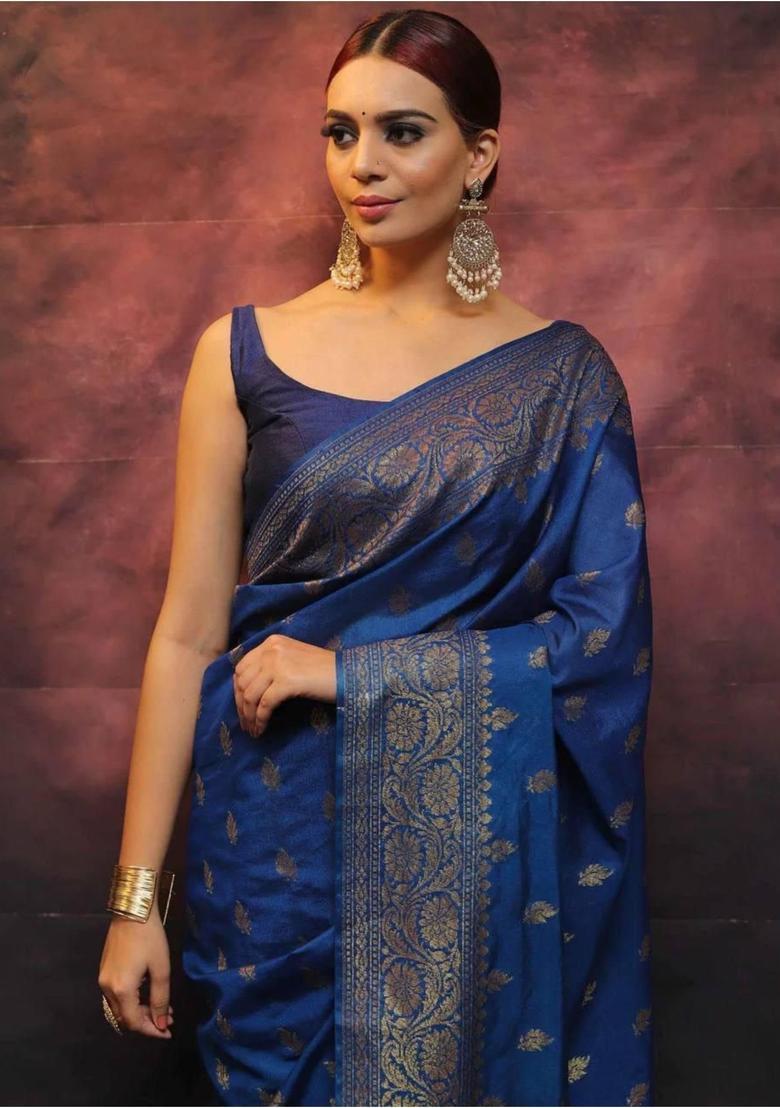 Blue Woven Jacquard Saree Set - Indya