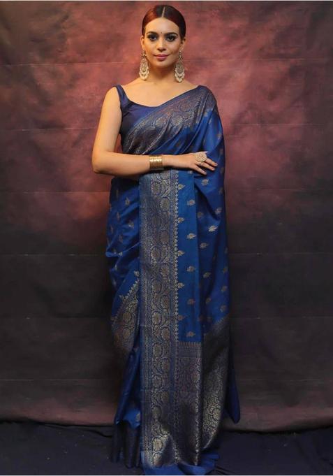 Blue Woven Jacquard Saree Set