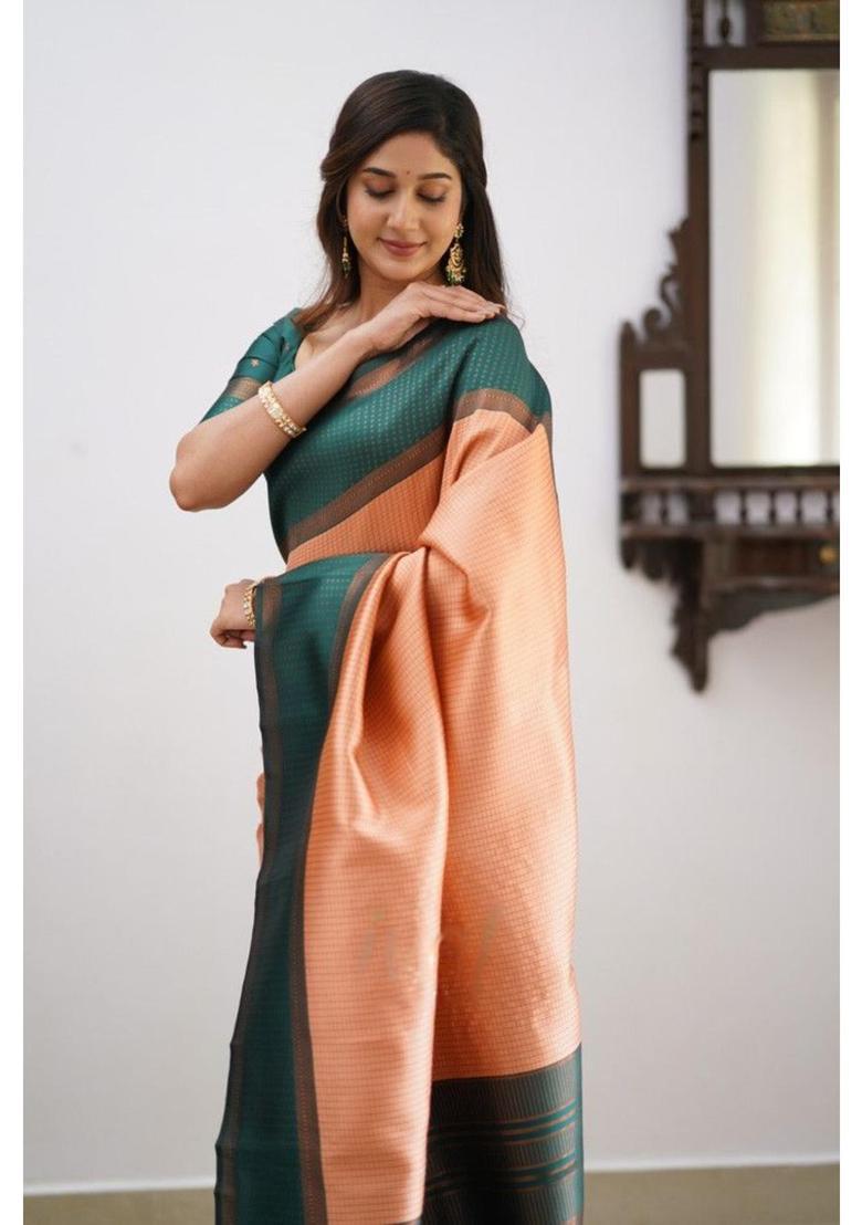 Multicolor Checked Silk Blend Saree Set - Indya