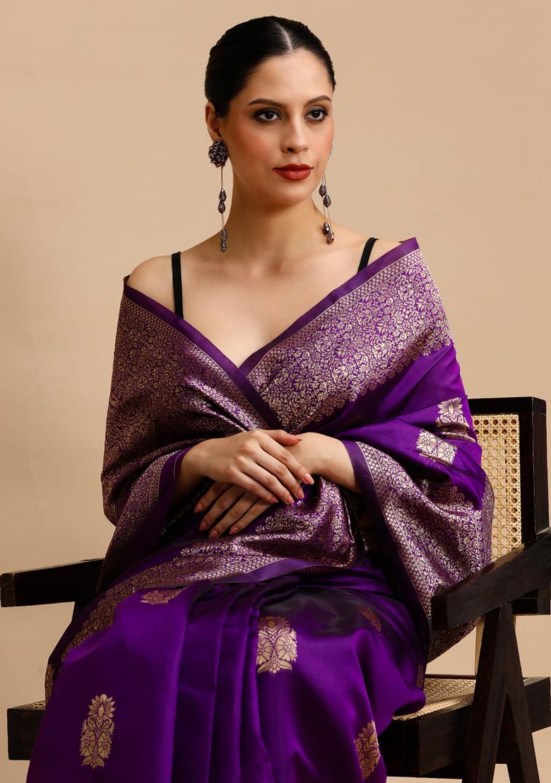 Purple Woven Jacquard Saree Set - Indya
