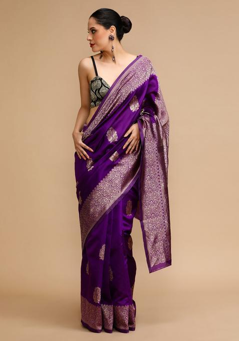 Purple Woven Jacquard Saree Set